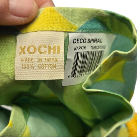 Set Of 4 Retro Groovy Green & Yellow Cloth Napkins W/ Wicker Napkin Rings Boho - Picture 10 of 10